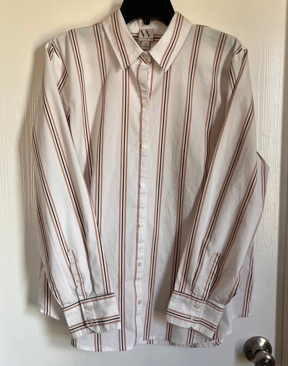 Worthington Women's Striped Button Down Shirt XL Long Sleeve Brown Tan White